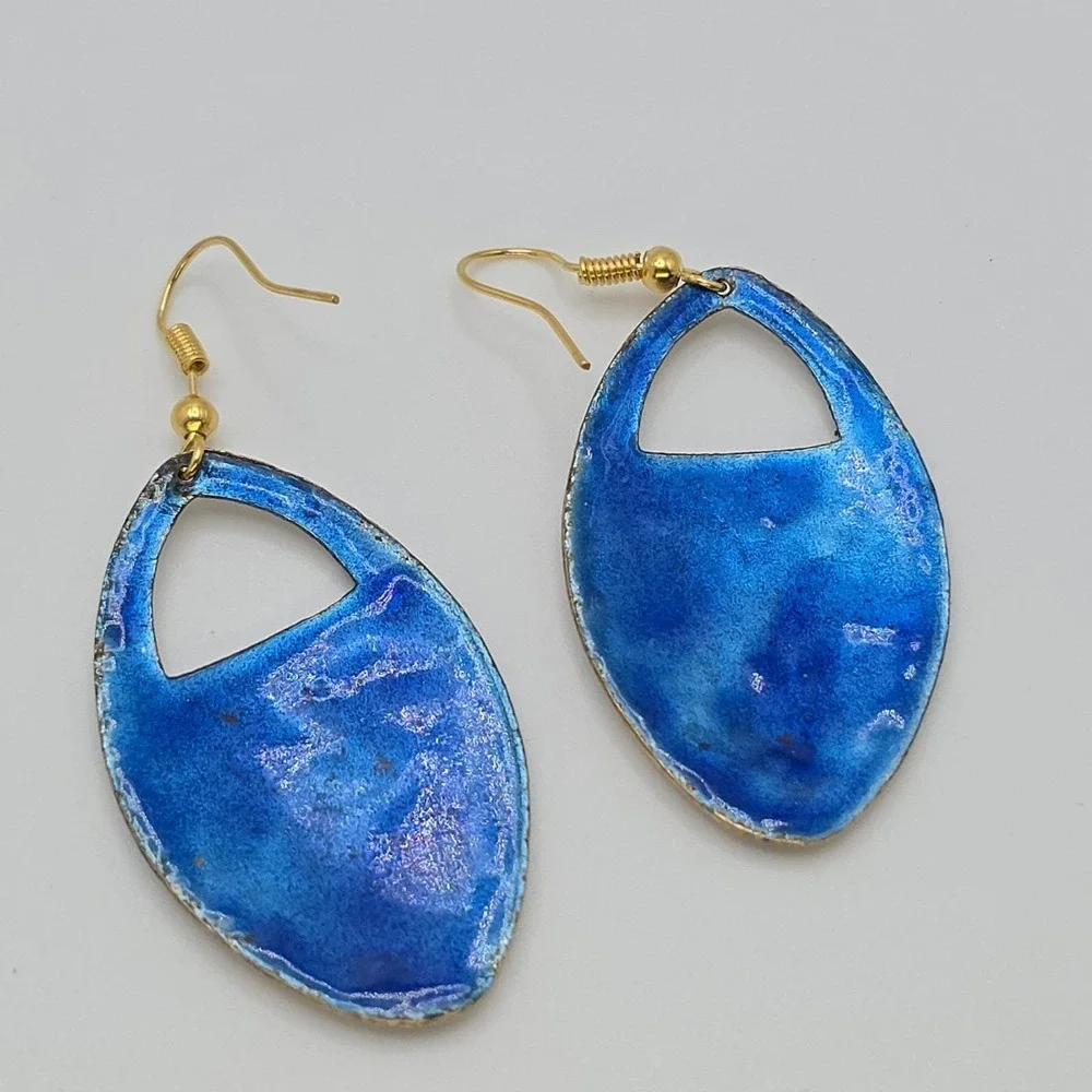 Vtg Cloisonne Kitten Cat Flower Earrings Cobalt Blue Enamel Gold‎ Dangle